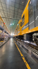 Buenos Aires subway train moves through maintenance facility