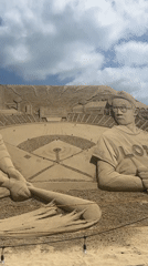 Baseball-themed sand sculptures draw visitors at Haeundae Beach