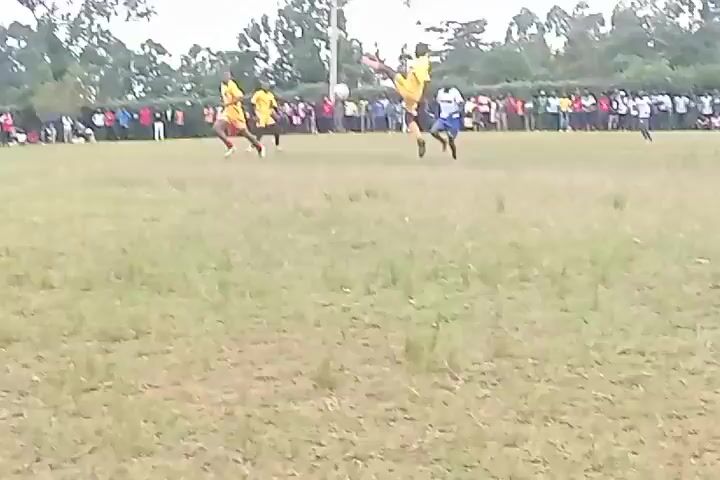 The video shows a soccer match in progress on a grass field. Several players wearing yellow jerseys and black shorts are seen chasing the ball, along with some players in blue and white jerseys. A crowd of people is watching from the sidelines. There are trees and a small building visible in the background. The sky is overcast. The players are running and kicking the ball, competing for possession.