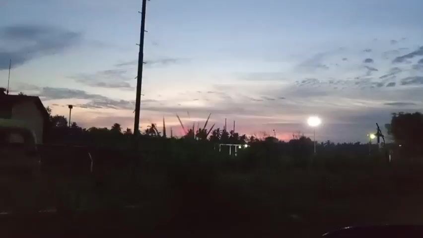 The video shows a wide shot of a rural landscape at dusk. The sky is a gradient of blue and purple with streaks of orange and pink from the setting sun. Silhouetted against the sky are palm trees and a few buildings. In the foreground, there is dark vegetation and a few poles with lights. The camera appears to be stationary.