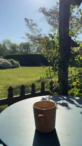 The video presents a serene outdoor scene captured in a garden in Hitchin, United Kingdom. In the foreground, a tan ceramic mug, presumably holding coffee or tea, is placed on a round, dark green outdoor table. The bright sun, positioned low in the sky, casts prominent, elongated shadows from the mug and a wooden pergola post onto the table, indicating either early morning or late afternoon.

Beyond the table, a dark wooden picket fence serves as a gentle demarcation to a well-maintained green lawn. The lawn is bordered by neat hedges and various trees in the mid-ground and background, all under a clear, blue sky. To the right of the frame, green leafy vines adorned with small reddish-pink flowers climb the wooden pergola post, contributing to the natural and tranquil atmosphere. The scene evokes a sense of peace and relaxation, perfect for enjoying a quiet moment outdoors. There are no people or discernible text visible in the video.