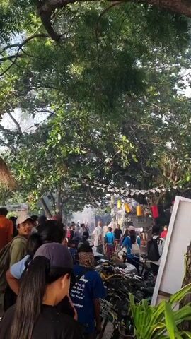 The video shows a daytime outdoor scene with a crowd of people gathered in what appears to be a market or event space. The area is shaded by large trees with dense foliage, through which sunlight filters. Decorative elements like colorful flags and lanterns are strung overhead. Numerous bicycles are parked in the foreground. People are standing, walking around, and looking towards something in the distance. Some individuals are wearing casual clothing and hats. The overall atmosphere suggests a lively and possibly festive occasion.