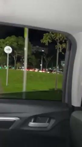 The video is taken from inside a car, with the view out of the passenger side window visible. It is nighttime. Outside, there is a grassy area with trees and streetlights. Cars can be seen driving in the distance. The window is slightly open, and the car's door handle and seat are visible inside. The video gives the impression of someone driving past a park or green space at night.