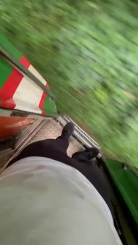 The video shows a first-person perspective from what appears to be a moving train. The subject is a person wearing a white t-shirt and dark pants, standing on a metal grate platform. Their feet are visible, clad in black shoes.

The scene is dominated by lush green foliage and trees blurring past, indicating the train is traveling through a densely forested or natural area. The movement suggests a relatively high speed. The time of day appears to be daytime, with natural light filtering through the trees. The weather seems to be pleasant, with no visible rain or harsh sunlight.

The train carriage itself is visible, featuring a green exterior with a white stripe bordered by red. A metal handrail is also visible, gripped by another person's hand wearing a bracelet. This suggests the train is likely a passenger train.

The overall impression is one of a scenic journey through nature, possibly a tourist route or a common mode of transportation in a rural or jungle-like environment. The blur of motion conveys a sense of speed and exhilaration. There is no visible text in the video. The location context is Komolgonj, Bangladesh, which aligns with the visual cues of a tropical or subtropical forest setting.