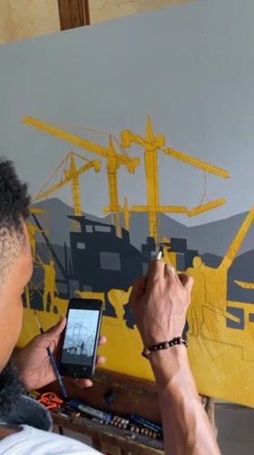 Artist paints construction cityscape using phone reference in Ado