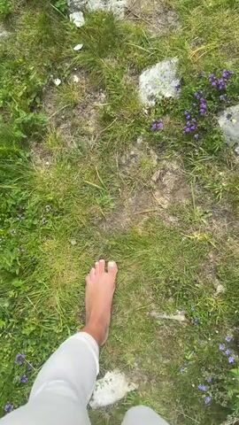 This short video begins with a close-up of a person's bare feet walking on green grass and a rocky path, with small purple flowers visible. The camera then pans up to show a flowing stream with rocks and lush vegetation on its banks. Further into the video, the stream is seen winding through a forested mountain landscape, with dense pine trees and rocky slopes. The scene appears to be a natural, outdoor setting, likely a hiking trail in a mountainous region. The lighting suggests daytime, possibly overcast given the muted colors and cloudy sky visible in the final shot. The overall mood is peaceful and serene, evoking a sense of connection with nature. There is no visible text in the media. The location is identified as Govedartsi, Bulgaria.