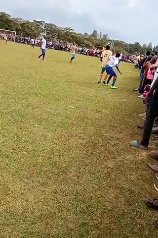 The video shows a soccer game in progress on a grassy field. Several players wearing white and blue uniforms are running across the field, attempting to advance the ball. A crowd of spectators lines the side of the field, watching the game. The sky is overcast, and there are trees visible in the background. The camera is positioned close to the sideline.