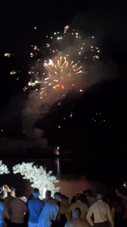 Fireworks and fountain lights mark a nighttime celebration in Razliv