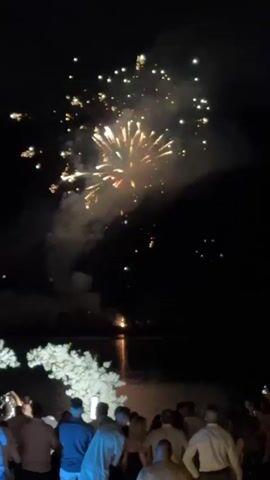 This media captures a nighttime fireworks display over a body of water, likely Lake Razliv in Bulgaria. A crowd of people, seen from behind, are gathered on the shore, facing the spectacle. The fireworks are the central focus, with bright bursts of light and smoke illuminating the dark sky. Some of the fireworks feature a golden, yellow, and red color palette, while others are more scattered with smaller points of light in various colors.

The setting appears to be an outdoor event, possibly a celebration or festival, given the gathering of people and the fireworks. The presence of what looks like lush, white foliage in the foreground suggests a natural environment, possibly with decorative elements for the event. The dark sky indicates the time is late evening or night.

The mood seems festive and exciting, with people observing the fireworks. While their faces are not visible, the posture of the crowd suggests engagement and enjoyment of the display. The water reflects some of the light from the fireworks, adding to the visual appeal. No visible text is present in the media.