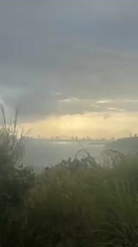 The video shows a distant cityscape viewed from a higher vantage point, through tall grass and foliage. The sky is overcast with grey clouds, but a patch of yellowish light shines through. A body of water lies between the viewer and the city. The sun reflects brightly off the water's surface. The camera is mostly still, with some slight movements due to the wind affecting the grass.