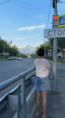 Petropavlovsk-Kamchatsky street with volcano views and cat mural