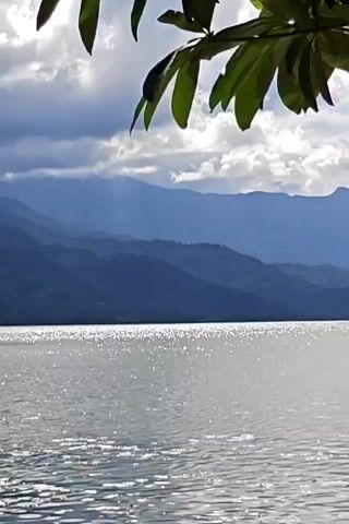 The video shows a serene body of water, possibly a lake or large river, with ripples reflecting the sunlight. In the background, a range of blue mountains fades into the distance. The sky above is partly cloudy, with shafts of sunlight breaking through. In the foreground, partially obscuring the top of the frame, are dark green leaves from a tree branch. The scene is tranquil and natural, with no people or man-made objects visible.