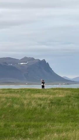 The video presents a wide shot of a vast, natural landscape. In the foreground, a vibrant green field of tall grass extends across the lower portion of the frame. In the mid-distance, an individual stands on a grassy elevation overlooking a body of water, likely a lake or fjord, which stretches across the middle ground. The person, dressed in dark pants and a striped jacket, faces the camera with both arms extended wide, as if embracing the scenery or expressing a sense of freedom. Behind the water, a range of large, dark, rugged mountains with jagged peaks dominates the background, some featuring visible patches of snow. Small, indistinct structures are faintly discernible near the water's edge at the foot of the mountains. The sky is overcast with soft, diffused clouds, indicating a cloudy but calm daytime. The scene conveys a sense of grandeur and tranquility, characteristic of the Icelandic landscape, fitting the provided context of Búðir, Iceland. No text is visible.