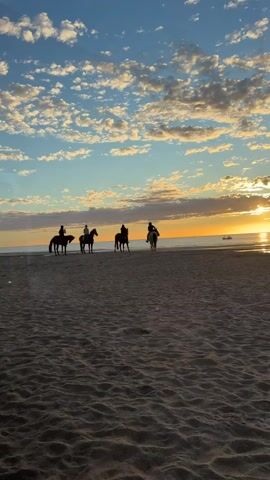 Four people on horseback ride along a sandy beach at sunset. The sky is filled with scattered clouds, and the sun is low on the horizon, casting a warm glow over the scene. The ocean is visible in the background, and a small boat can be seen in the distance. The sand in the foreground is textured and shows the patterns of the tide. The overall mood is serene and picturesque.