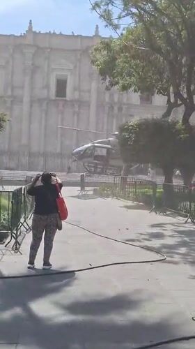 Helicopter spotted over Plaza de Armas in Arequipa, Peru