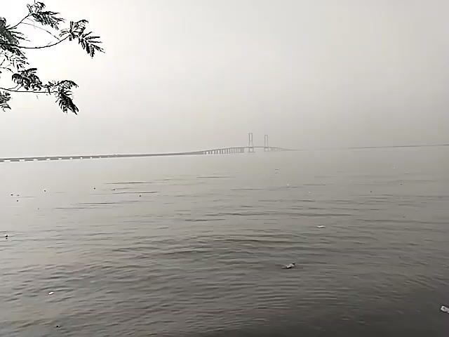 The video shows a wide shot of a body of water with a long bridge in the distance. The bridge appears to be suspended over the water with a central section featuring two tall towers. The sky is overcast and hazy, creating a muted color palette for the scene. In the foreground, a tree branch with leaves hangs into the frame from the left side. The water's surface is calm with some ripples and scattered debris. The overall impression is a serene but somewhat somber landscape, possibly during a misty or foggy day.