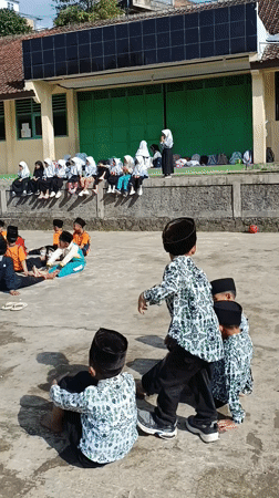 School children gather in groups during day at Indonesian school