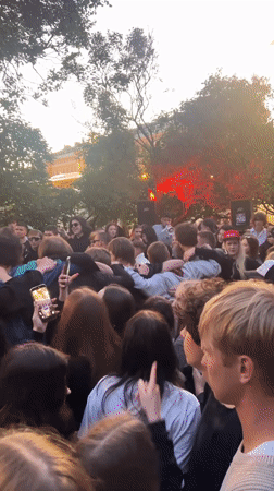 Summer evening crowds gather across central Saint Petersburg