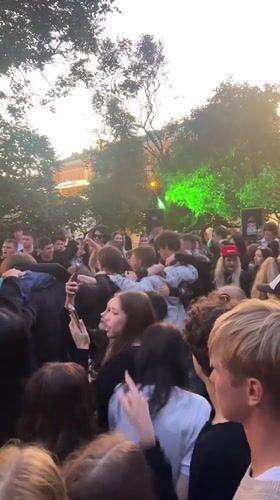 Summer evening crowds gather across central Saint Petersburg