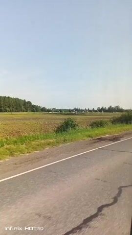 The video shows a roadside view of a rural landscape with a clear blue sky. A paved road with a white line marking the edge is in the foreground, moving from left to right. Adjacent to the road is a strip of green grass and then a large field. The field appears to be partially tilled or planted, with areas of brown earth and some patches of green vegetation. In the background, a line of trees forms a dense forest. Further in the distance, several buildings or houses can be seen, suggesting a small settlement. The overall impression is that of a journey through the countryside on a sunny day.