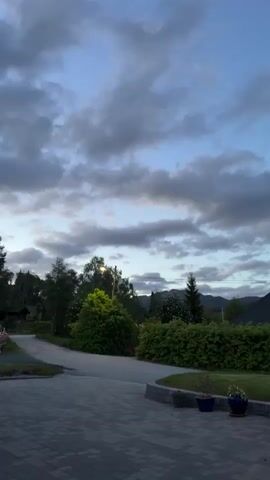 The video displays an outdoor scene at dusk or dawn. The sky is visible with clouds. In the foreground, there is a paved driveway with a tiled pattern. To the right of the driveway, there are three potted plants lined up, with the pots appearing to be dark blue and the plants having green foliage. Behind the driveway and potted plants, there is a lush green hedge. Further back, there are trees and bushes. A road or pathway leads away from the driveway into the distance, curving to the left. On the left side of the road, there are some buildings that appear to be houses, partially obscured by trees. On the right side of the road, there are more houses with dark roofs. In the background, there are distant hills or mountains. The overall lighting suggests it is twilight.