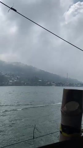 The video shows a view of a lake on a cloudy, overcast day. The water is choppy with small waves. The shoreline is visible in the distance, dotted with buildings and greenery, with some areas obscured by fog or mist.  Power lines and a tree with sparse foliage are visible in the foreground. A wake from a boat or other watercraft is visible on the lake. The camera pans slightly to reveal more of the tree and shoreline.