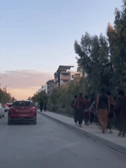 Man sits on wooden cart in Kandahar street scene