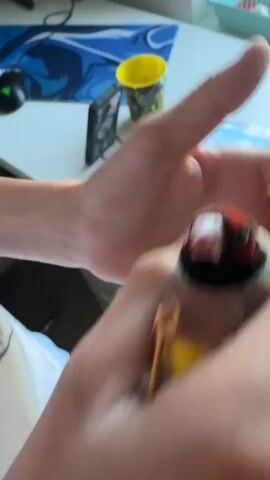 A close-up shot shows a person's hands holding a small bird. The bird has red, black, green, and yellow markings on its head and chest. The background is blurred, but appears to be an indoor setting with a desk, computer equipment, and a colorful cup visible. Another shot shows a person wearing headphones and a white t-shirt, looking down at something in their hands. The lighting suggests daytime.