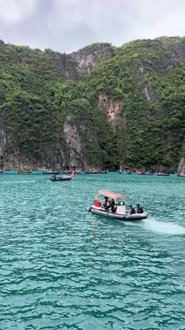 A motorized inflatable boat with a canopy and several people on board moves across turquoise water. In the background, a steep, green, forested cliff rises from the water. Several other boats, including long-tail boats, are scattered across the water in the distance, and the sky is overcast.