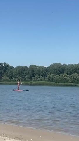The video shows a person on a paddleboard in a body of water. The person is standing on the paddleboard and holding a paddle. The water is calm, and there is a tree line in the background. The sky is clear and blue. The person appears to be wearing a swimsuit. The paddleboard is pink and blue. The video is shot from a beach.