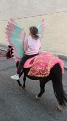 Child rides costumed unicorn pony on sidewalk