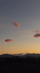 Pink lenticular clouds illuminate sunset sky over Ushuaia