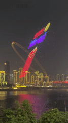 Drone light show displays formations over Chongqing skyline