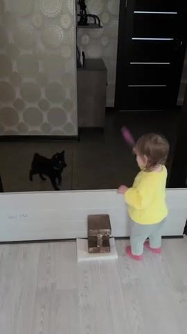 A young child wearing a yellow sweater and grey pants stands on the right side of the frame, facing left. The child's right arm is raised as if holding an object, and the child appears to be interacting with something or someone on the other side of a white barrier. The white barrier runs horizontally across the lower half of the frame. A small, dark object, possibly a toy, sits on the barrier. To the left of the barrier, a black cat is visible, standing and looking towards the child. The background shows a room with patterned wallpaper and a dark door on the right. The floor is a light wood laminate. The overall environment appears to be an indoor hallway or living area.