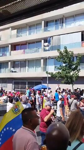 The video shows a large crowd gathered in front of a multi-story building. Many people are waving the Venezuelan flag, wearing hats, and cheering. Some are looking out from balconies of the building. There is a tree in the middle of the crowd. The scene suggests a celebration, protest or rally.