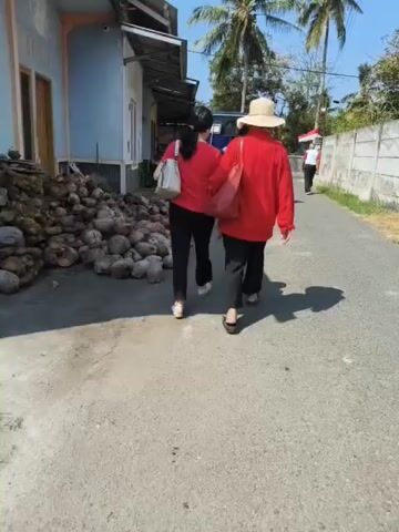 The video shows two people walking away from the camera down a paved road. Both are wearing red shirts and black pants. The person on the right is wearing a straw hat and carrying a red bag over their right shoulder. The person on the left is carrying a beige bag over their left shoulder. To the left of the road, there is a pile of coconuts and a building with a blue wall. To the right of the road, there is a concrete wall and some vegetation. In the distance, there are palm trees and more buildings. The sun is shining, casting shadows on the road.