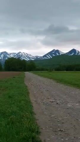 The video is a first-person perspective of someone walking or riding along a dirt path next to a tilled field. In the distance, there is a line of trees, and beyond the trees, a mountain range with snow-capped peaks under a cloudy sky. The camera is moving, causing some blur, and the ground in the foreground is a mix of grass and dirt. The overall impression is of a rural, somewhat overcast landscape. There are no people or other objects clearly visible.