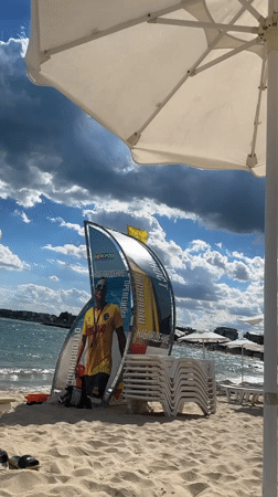 Beach setup and water activities in Nesebar, Bulgaria