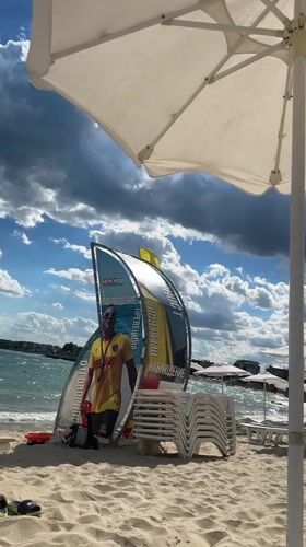 Beach setup and water activities in Nesebar, Bulgaria