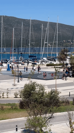 Basketball at the marina's edge, sailboats in the background