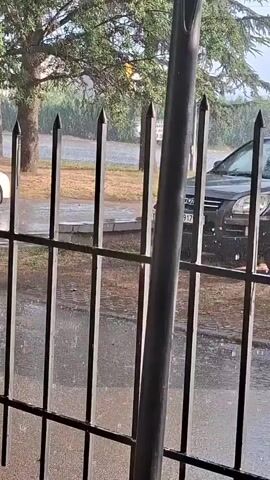 The video shows a view through a black metal fence with pointed spikes. Rain is falling heavily, creating splashes on the ground and on the fence. In the background, a dark-colored car is parked on the right side of the street. To the left of the car, a tree with green foliage is visible, and beyond that, there are some buildings and other vegetation. The overall environment appears to be an outdoor scene during a rain shower. The focus is on the rain and the fence in the foreground, with the background being somewhat out of focus due to the rain and the camera's perspective.