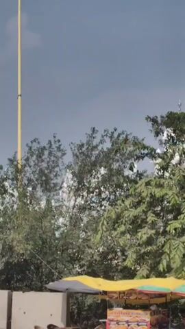 This is a vertically oriented video that begins with a blurred image of green foliage, possibly from a tree or bush. It then transitions to a view of a white building with multiple domes, characteristic of a religious structure, possibly a Gurdwara. In the foreground, the front of a colorful, decorated truck is visible, obscuring part of the building. A tall, yellow pole, likely a flag pole, stands prominently to the left of the religious building. The sky appears cloudy. The camera appears to be moving, possibly from a vehicle.