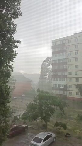 The video shows a view from a window during a storm. Strong winds are causing trees to bend and leaves to be blown around. Rain is visible falling in sheets, and the sky is overcast and gray. In the foreground, there are two cars parked on a wet surface. In the background, there is a tall apartment building and other residential buildings, as well as a playground. The overall impression is of a severe weather event.