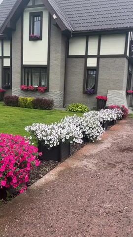 A red car is parked on a gravel driveway in front of a house. The house is a two-story building with a dark-colored roof and light-colored siding. There are several planters filled with flowers in front of the house, and some of the flowers are pink and white. The driveway has several puddles on it, indicating that it has recently rained. The sky is cloudy.