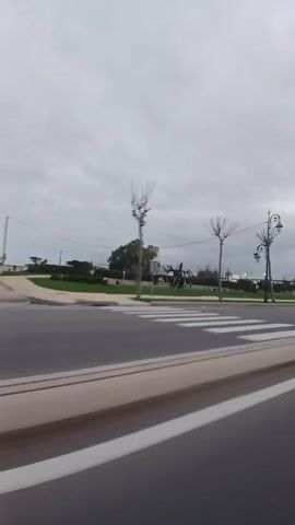 The camera is positioned at an angle to a road with a crosswalk. The scene is overcast with a grey sky. On the side of the road, there are trimmed trees and lampposts. Several vehicles pass on the road, including a blue car, a dark sedan, and a truck with food illustrations on its trailer. The scene appears to be filmed from a moving vehicle.