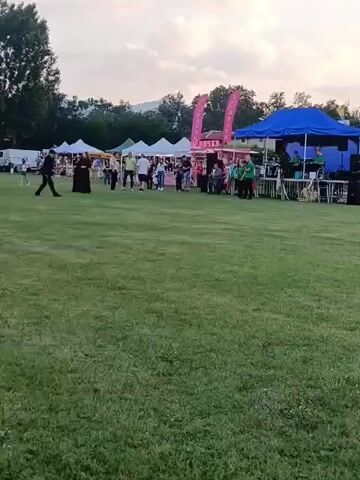 This video captures a wide shot of a community event taking place on a large grassy field. The sky is a soft grey, suggesting either dusk or an overcast day. In the background, there's a line of trees and hills. On the left side of the frame, several white tents are set up, likely for vendors, with people milling around them. Towards the center-right, two bright pink banners are visible, and next to them, a blue tent covers a stage where musicians are performing. A small crowd of people is gathered in front of the stage, some sitting, some standing. On the far left, a food truck is parked. In the foreground, the grass is well-maintained and free of debris, with a few individuals walking across it. The overall atmosphere appears to be relaxed and festive.