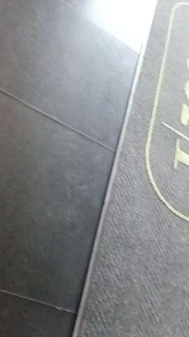 The video shows a close-up of a dark tiled floor and a doormat with the words "JOGOR HOTEL" visible in a pale green color. The camera pans slightly, revealing the reflection of lights on the floor. Further into the video, the camera pans further to show the entrance area of a building, with plants in pots and a blurred figure in the distance. The lighting suggests it is daytime, possibly overcast.