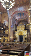Inside Budapest's grand synagogue during a congregation gathering