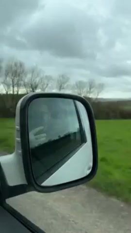 The video shows a view from inside a vehicle through the side mirror while driving along a rural road. The landscape outside the vehicle includes green fields, trees without leaves, and a cloudy sky. A glimpse of the driver's face and hand can be seen reflected in the side mirror. The car is moving, causing the scenery to pass by in the reflection.