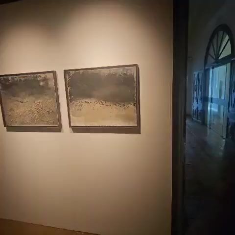 The video pans across a dimly lit art gallery. The first shot shows two abstract paintings with textured surfaces hanging on a beige wall, illuminated by spotlights. To the right, a doorway leads to a hallway with a dark wooden floor and an arched window at the end. The camera then moves to reveal more paintings on the beige wall, including a triptych of similar abstract pieces. Further along, the wall transitions to a dark background. On this dark wall, various sculptural elements are displayed, including a tall, organic-looking sculpture resembling dried branches and several smaller, abstract wall-mounted pieces. The video ends with a shot of another abstract painting on the beige wall, with the dark wall and its sculptures visible to the right.